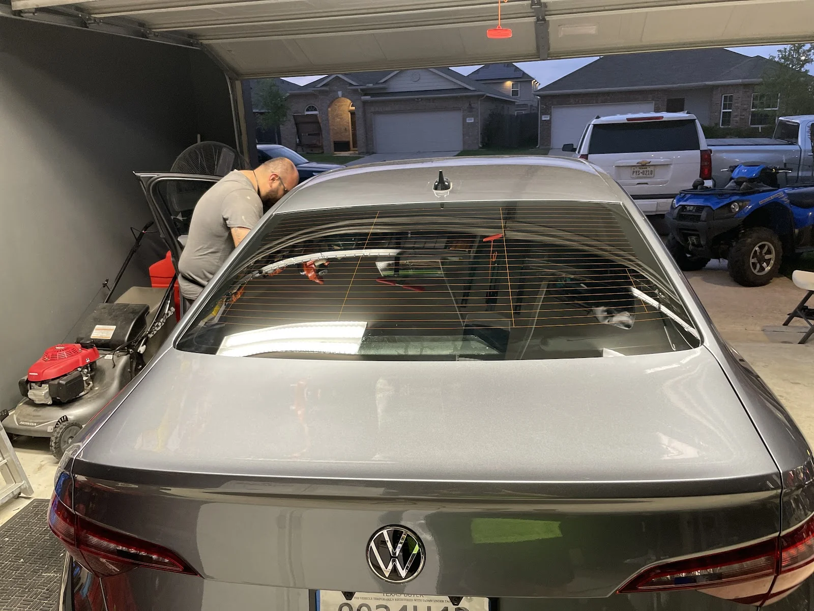Rear window tint install in progress
